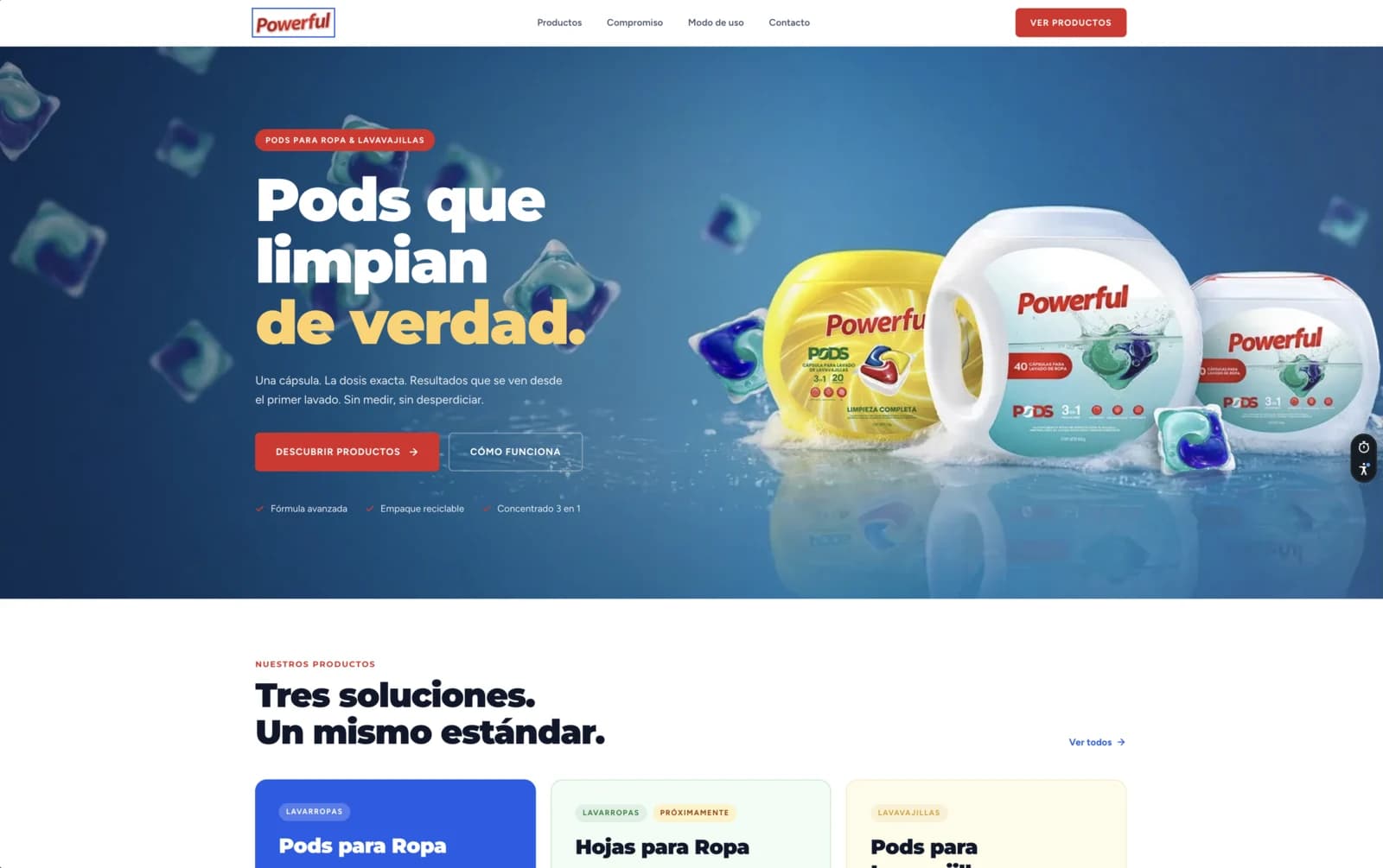 Sitio de Powerful, pods para ropa y lavavajillas